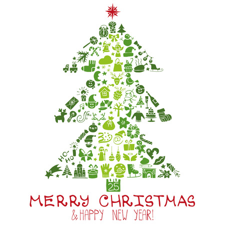Christmas,New year colored greeting card.Icons silhouette in spurce tree shape.Different decorative elements,symbols of winter holidays .Trendy flat style.Doodle  Vector.Green colorsのイラスト素材