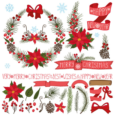 Merry Christmas,new year decor set.Spruce fir tree branches,pine cones ,red berries,Poinsettia flower,holly,ribbons with lettering in holiday composition,wreath.Vector Illustration for greeting cards,invitation,calendarのイラスト素材