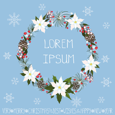 Merry Christmas and happy new year holiday wreath.Greeting card.Spruce fir tree branches,pine cones,poinsettia flower,berries,holly,lettering  slogan .Vector Illustration.Vintage,retro design templateのイラスト素材