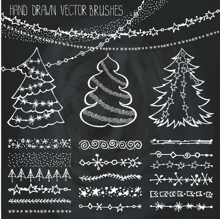 Christmas Hand drawn brushes,line border.New year,holiday doodle pattern textures,snowflakes,  stars ornament,garland borders,fir tree.Decoration vector set.Winter symbols.Brushes included.Chalkboardのイラスト素材