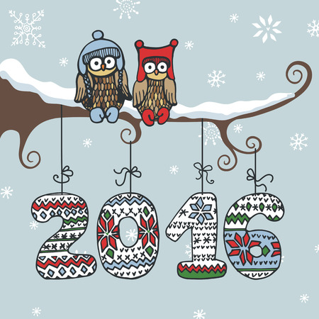Christmas,New year doodle greeting card.Cartoon owl couple on branch.
Knitted figures 2016 hanging on the ropes.For design template,poster.Hand drawing winter vectorのイラスト素材