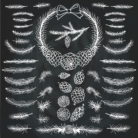 Christmas tree decor elements for invitations,card,banner.Spruce branches,pine,cones white silhouette set.Brushes,wreath,line borders.New year holiday vector,nature Winter template.Chalkboardのイラスト素材