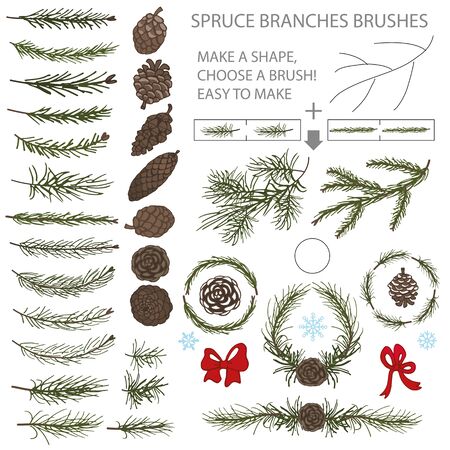 Spruce green branches,pine,cones brushes,wreath,line borders.Christmas tree decor elements for invitations,print and web,card,banner.New year holiday vector,nature illustration,Winter templateのイラスト素材