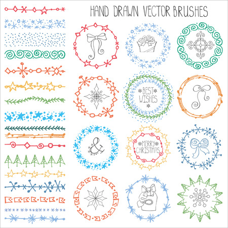 Christmas Hand drawn Pattern brushes.New year doodle textures,snowflakes, stars,artistic ornament.Decoration vector set.Circle frame wreath with winter symbols.Used  brushes includedのイラスト素材