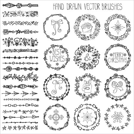 Christmas Hand drawn Pattern brushes.New year doodle textures,snowflakes, stars,artistic ornament.Decoration vector set.Holiday Circle frame wreath with winter symbols.Used  brushes includedのイラスト素材