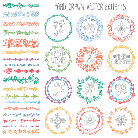 Christmas Hand drawn Pattern brushes.New year doodle textures,snowflakes, stars,artistic ornament.Decoration vector set.Holiday Circle frame wreath with winter symbols.Used  brushes includedのイラスト素材