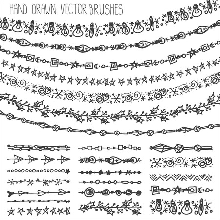 Christmas Hand drawn garland brushes.New year doodle pattern textures,snowflakes, lamps ornament.Decoration vector set.Winter symbols in line border.Used Black  brushes includedのイラスト素材