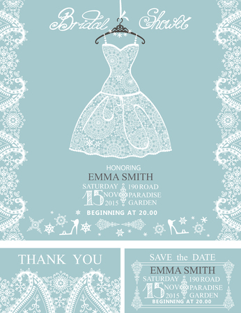Bridal shower invitation set.Bridal white dress and accessories with paisley lace,swirling frame,snowflakes.Winter design.Wedding invitation,save the date card, thank you card.Vector illustrationのイラスト素材