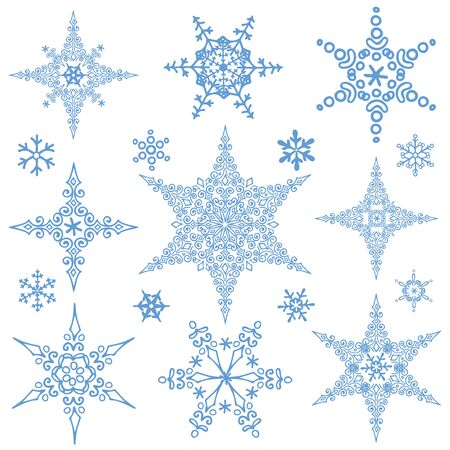 Snowflake big set,Silhouette icon,Winter elements.Christmas,new year holiday decor.Star shape crystal Vector.Doodles.のイラスト素材