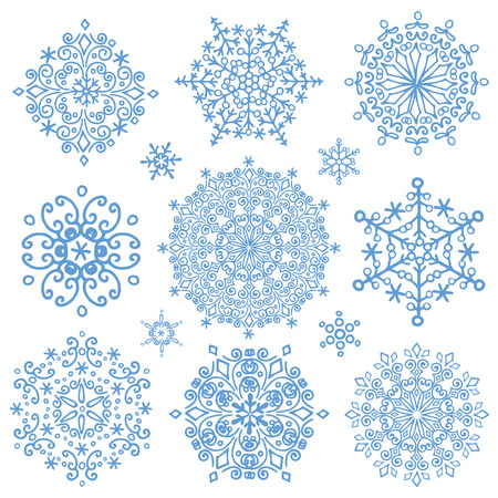 Snowflake big set,Silhouette icon,Winter elements.Christmas,new year holiday decor.Round shape, crystal Vector.Doodles.のイラスト素材