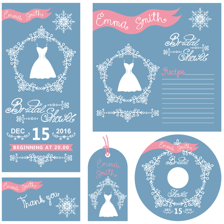 Wedding  invitations card set.Winter  Bridal shower decor set with dress,Swirling borders,wreath frame ribbon,snowflakes.Design template.Vintage Vector,flat fashionのイラスト素材