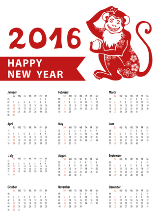 Calendar 2016 with red Monkey.Chinese zodiac in modern flat style.Sign,symbol,icon icon.New year holiday Vector  background.Week starts from sunday,american.Verticalのイラスト素材