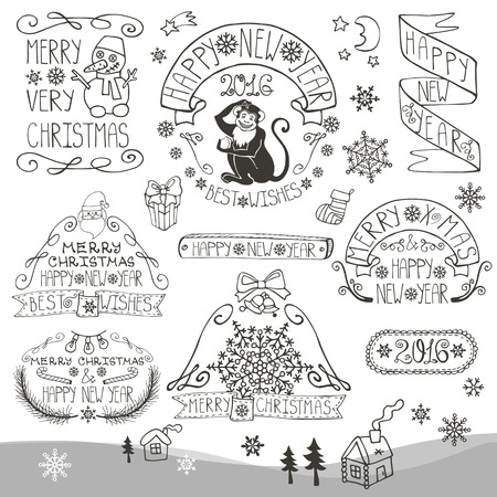 Christmas season decorations.New year 2016 Label, ribbons,fir branches and lettering,snowflakes,funny monkey ,doodle element.Vintage holiday symbols,decor.Xmas design.Hand drawing vector set.のイラスト素材