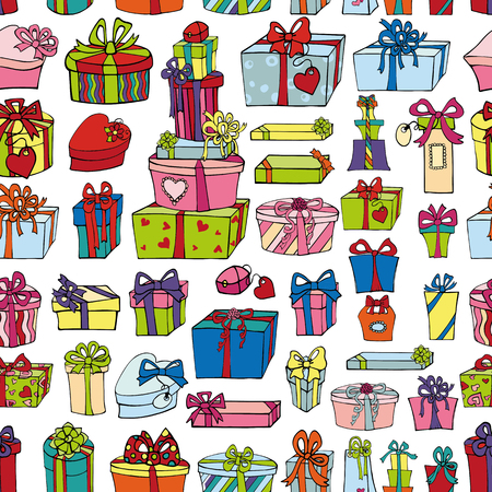 Gift boxes,presents seamless pattern.Colored holiday doodle vector background.Hand drawing illustration.For Valentine day,christmas and birthday surprise,easter,New year,baby design,wrap.のイラスト素材
