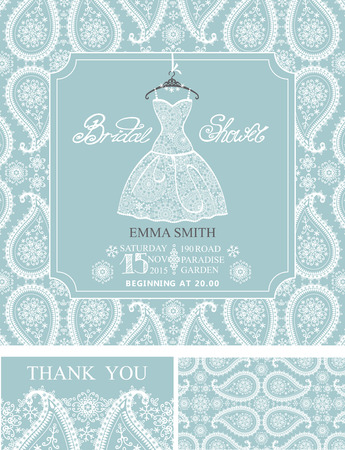 Bridal shower invitation set.Bridal wedding dress,paisley lace pattern,lettering title ,retro design.Winter season save the date card, thank you card.Holiday Vector,fashion illustrationのイラスト素材