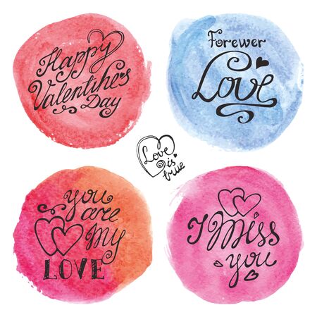 Valentines day lettering card background.Watercolor splash,handwriting title,text.Vector balentine day card.Artistic painted texture.Watercolor wet circle,squareshapes,cute Illustrationのイラスト素材