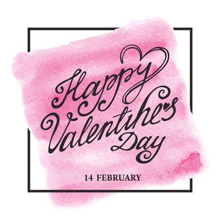 Valentines day lettering card backgroundwith frame.Watercolor splash,handwriting title,text.Vector balentine day card.Artistic painted texture.Illustration,square pink  textureのイラスト素材