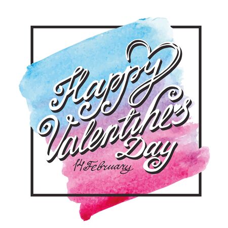 Valentines day lettering card backgroundwith frame.Watercolor splash,handwriting title,text.Vector balentine day card.Artistic painted texture.Illustration,square pink and blue textureのイラスト素材