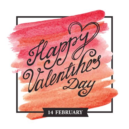 Valentines day lettering card backgroundwith frame.Watercolor splash,handwriting title,text.Vector balentine day card.Artistic painted texture.Illustration,square pink and orange textureのイラスト素材