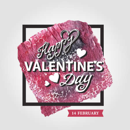 Valentines day lettering card backgroundwith frame.Watercolor splash,handwriting title,text.Vector balentine day card.Artistic painted texture.Illustration,square pink and blue textureのイラスト素材