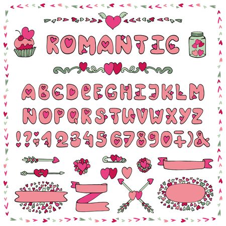 Modern Vector Romantic Alphabet. Love doodle Font.Hand drawn ABC Letters. Decorative elements,heart decoration.Valentine,wedding day Lettering.Retro Vector Alphabet,vintage decorのイラスト素材