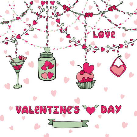 Valentine day card.Vector Romantic garlands,decoration,heart elements.Hand drawn arrows,ribbon,glass jar and lettering headline,falling hearts.Doodle Decorative vector.Retro,vintage background,invitationのイラスト素材