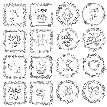 Valentine day,love Hand drawn  frames wreath with symbols and lettering.Romantic heart doodle textures,arrows,swirl ornament.Holiday  Decorative vector set.For birthday,wedding,feminine designのイラスト素材
