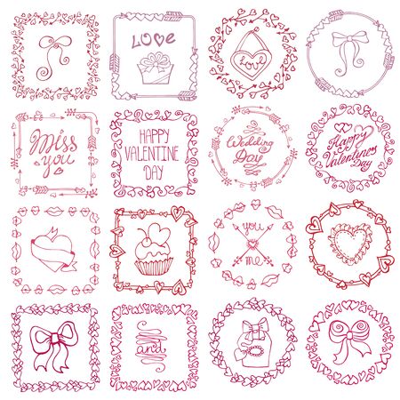 Valentine day,love Hand drawn  frames wreath with symbols and lettering.Romantic heart doodle textures,arrows,swirl ornament.Holiday  Decorative vector set.For birthday,wedding,femine designのイラスト素材