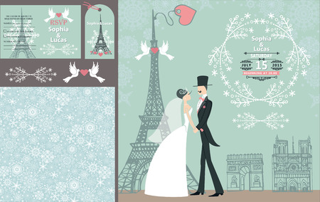 Wedding design template set.Winter,Christmas season.Bride in white dress and groom,snowflakes ornament,Eiffel tower,Paris.Flat couple people.Holiday invitation,save date,RSVP,tag. Vector Illustrationのイラスト素材