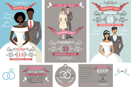 Wedding design template set.Bride in white dress,groom silhouette.Flat  people ,decoration,ribbons.Holiday invitation and save date card,RSVP,tag. Vector Illustrationのイラスト素材