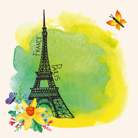 Spring Paris  Card.Eiffel tower,watercolor Narcissus bouquet,stain,flowers.Hand drawn doodle sketchy,watercolor decor.Room for text.Vector background.For wedding,Valentines day,romantic designのイラスト素材