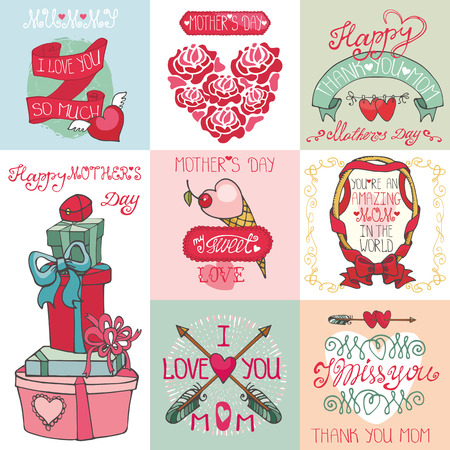 Mothers day,love,romantic cards collection.Labels,badges and emblems,ribbon,hearts lettering,arrows and headline,gift boxes.Cute Doodle hand drawing decor invitation set.Vintage vector,retroのイラスト素材