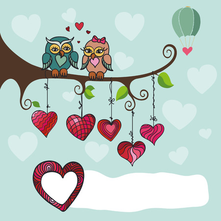 Cute owls couple sitting on a branch.Heart  hanging on the rope.Blue sky.Valentine,wedding,love composition,card,invitation.Hand drawing doodle vector,cartoon owls.のイラスト素材