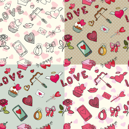 Valentines day,wedding,love,romantic decor elements in seamless pattern set.Cute Doodle hand drawing decor set.Colored cartoon vector.For fabrics,Wallpaper  backgroun,wrapping paper,backdrop.のイラスト素材
