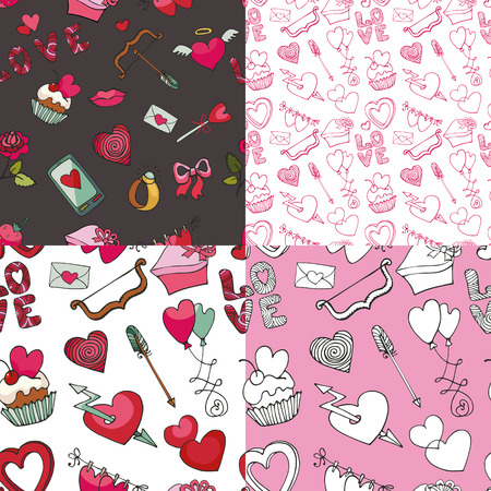 Valentines day,wedding,love,romantic decor elements in seamless pattern set.Cute Doodle hand drawing decor set.Colored cartoon vector.For fabrics, Wallpaper, background ,wrapping paper,backdrop.のイラスト素材