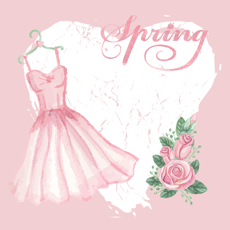 Cute spring  Card.Watercolor pink dress on hanger, roses group,grunge heart,word spring.Hand drawn doodle sketchy,watercolor decor.Wedding,bridal shower invitation.Vintage Vector backgroundのイラスト素材