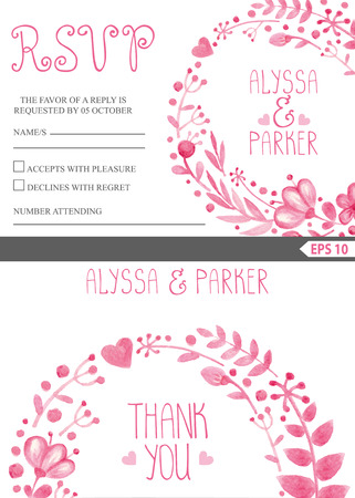 Watercolor set wedding design template.Pink floral wreath.Decorative hand drawing flowers, branches decor,berries .Vector vintage invitation,RSVP,save the date card.Retro ,Vintageのイラスト素材