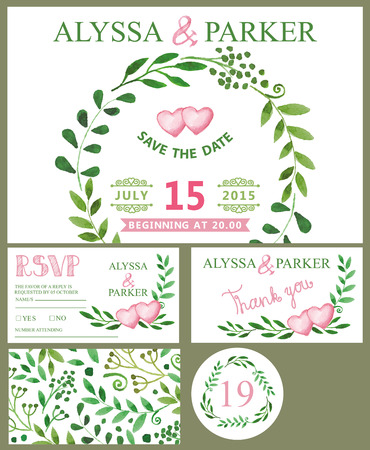 Wedding invitation design template set.Watercolor green branches wreath,pink heart,ribbon,lettering .Decorative hand drawing floral decor.Vintage Vector.Thank you,RSVP,number, save date cardのイラスト素材