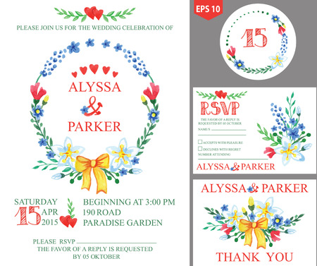 Retro wedding design template set with watercolor flowers ,bow,hearts and branches wreath.Decorative hand drawing floral decorr.Vector invitation,number,RSVP,Thank you cardのイラスト素材