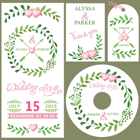 Wedding invitation design template set.Watercolor green branches wreath,pink heart,ribbon,lettering .Decorative hand drawing floral decor.Vintage Vector.Thank you,RSVP,tag,cardのイラスト素材