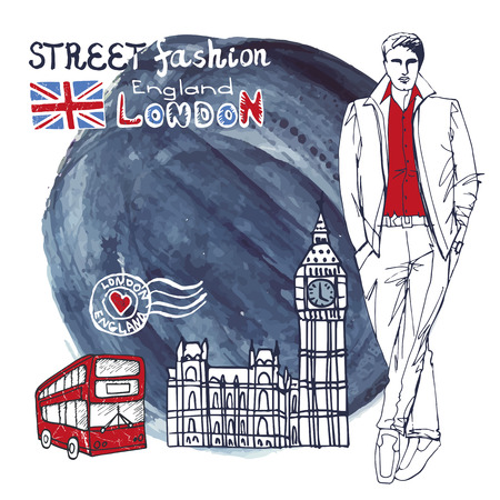 Fashion vector  illustration.Stylish dude men in outerwear.London street.Doodle outline hand drawing  sketch. Watercolor ink splash baskground.Landmark wih Big ben.Retro.のイラスト素材