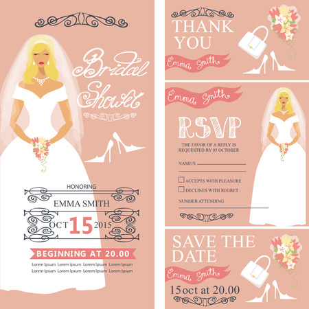 Wedding Bridal shower invitation set.Bride in wedding dress ,flowers bouquet, border,frames,lettering,retro design.Save the date,thank you card,RSVP.Holiday Vector,fashion illustrationのイラスト素材