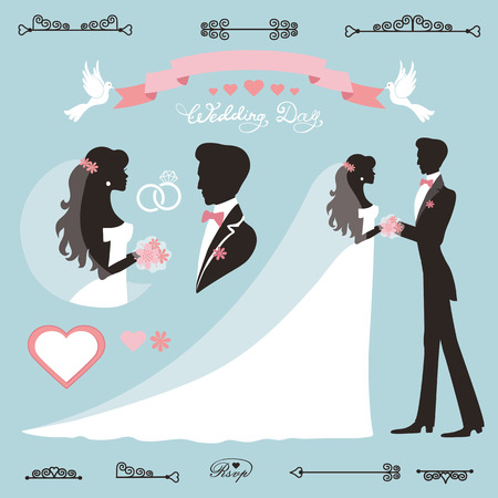 Wedding decor set.Bride,groom Flat silhouette,portrait.Bridal dress,Swirling borders, ribbon,label.Invitation Design template kit.Vintage Vector,simple, fashionのイラスト素材