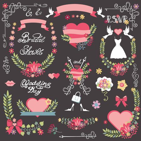 Wedding Vintage floral Bridal shower set for invitations card,bride dress greeting,RSVP, love designers toolkit template.Floral wreath,bouquet,ribbon and heart,swirls,headline.Vector decor.のイラスト素材
