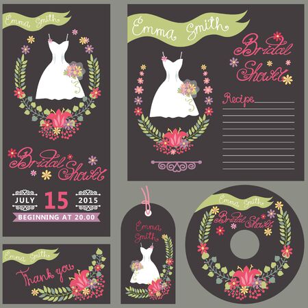 Wedding Vintage floral Bridal shower card set ,invitations,disk,tag,greeting template.Floral wreath,bouquet,ribbon, fashion dress.Cute wedding Vector decor.のイラスト素材