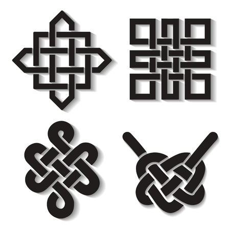 Endless Auspicious knot set. China,Tibet, Eternal , Buddhism and Spirituality icon,symbol.Vector Black sign,long shadow.Feng  Shui traditional element,geometric ornamentのイラスト素材
