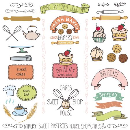 Vector Bakery Badges,Labels, Vintage, Retro hand sketched doodles design elements. Pie, wheat ear, cake icons with cookware.Doodleのイラスト素材