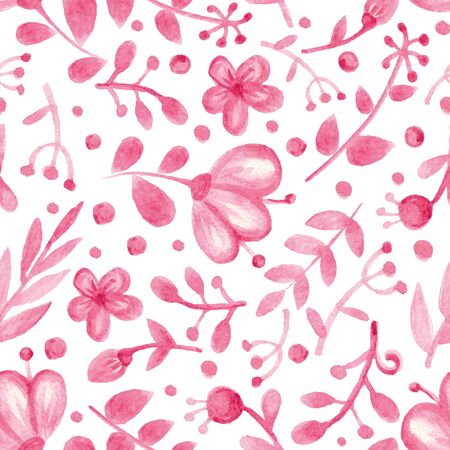 Vector Watercolor floral seamless pattern. Pink flowers ,branch background with leaves decor .Hand drawing Spring or summer wallpaper,backdrop,fabric.For wedding,fashion.Vintage styleのイラスト素材
