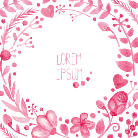 Vector Watercolor floral wreath. Pink flowers ,branch background with leaves ,heart,decor elements.Hand drawing Spring or summer design for invitation, wedding ,save date, greeting cardsのイラスト素材