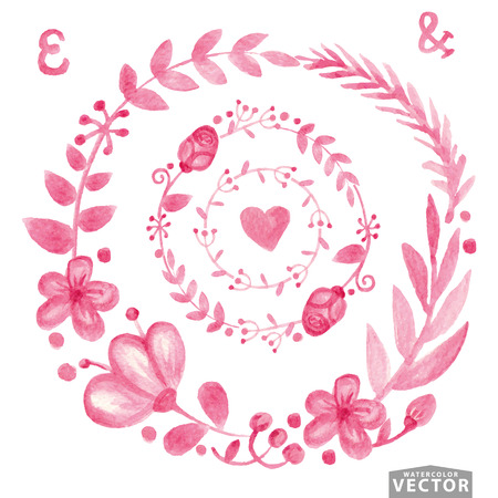 Vector Watercolor floral wreath set. Watercolor flowers ,branch collection with leaves ,heart,decor elements.Hand drawing Spring or summer design for invitation, wedding ,save date, greeting cardsのイラスト素材